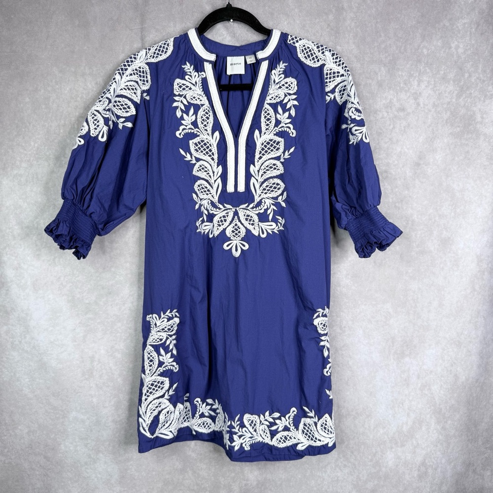 Maeve Embroidered V-Neck 3/4 Sleeve Mini Dress In Blue Women's Size XS